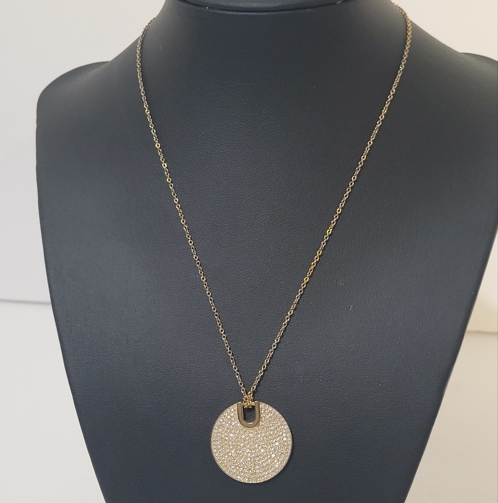 Michael Kors Necklace 18" Pave Crystal Clear Rhinestone Disc Pendant Gold Tone